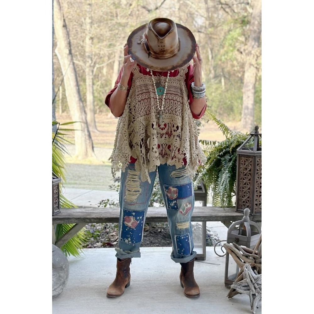 Jaded Gypsy Distressed Patchwork Boyfriend Jeans Medium Wash Boho Western NWT
